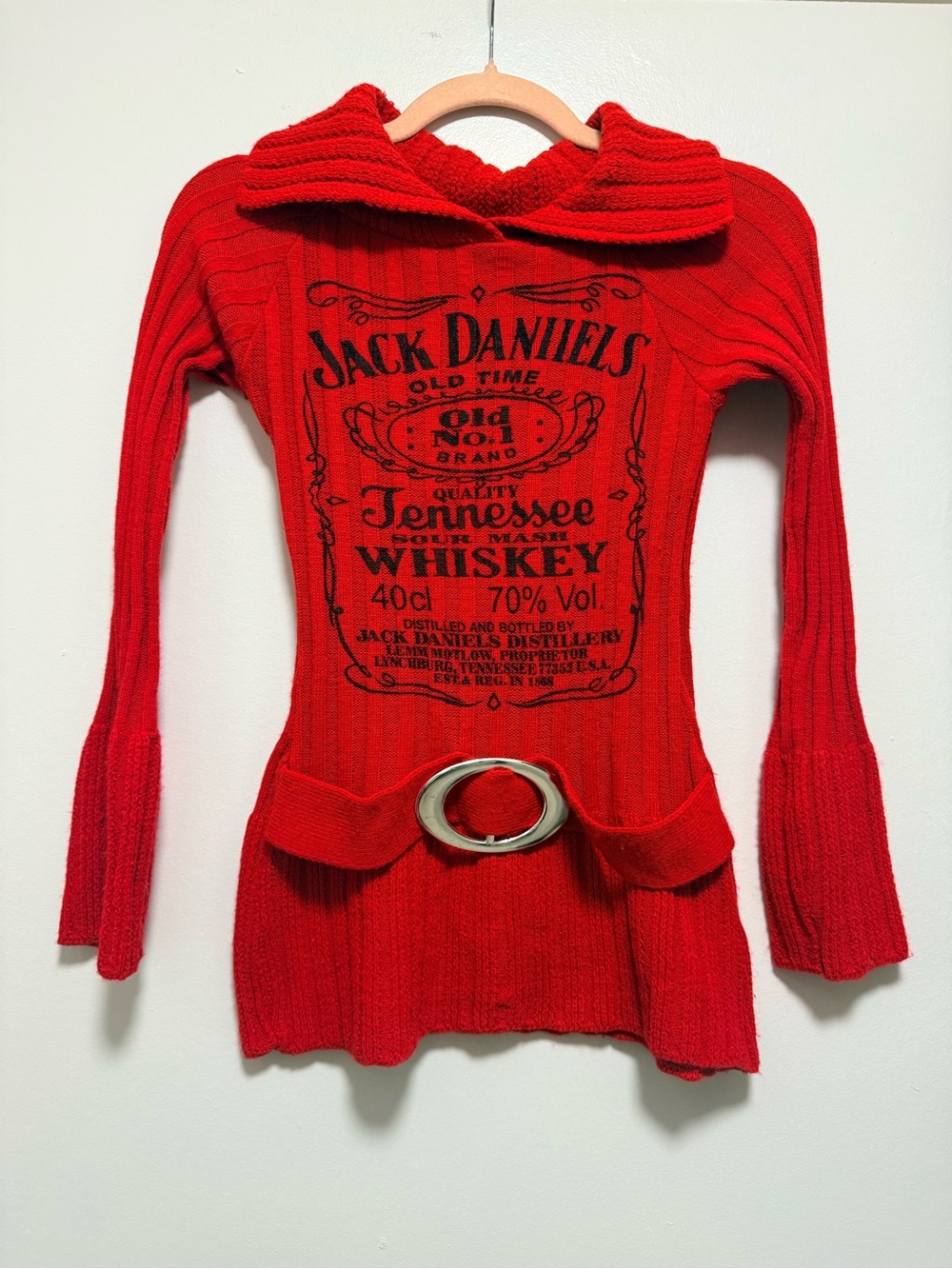 Jack Daniels Red Ribbed Cowl-Neck Sweater Tunic with Belt *no size tags